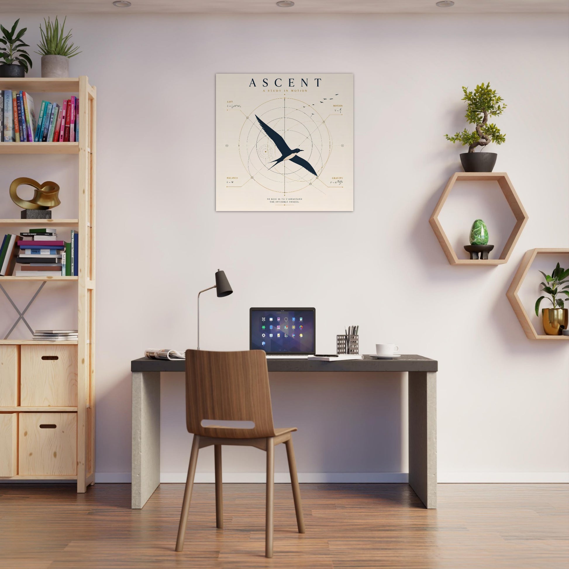 Geometric bird wall art inspired by the science of flight displayed above a desk in a stylish home office.