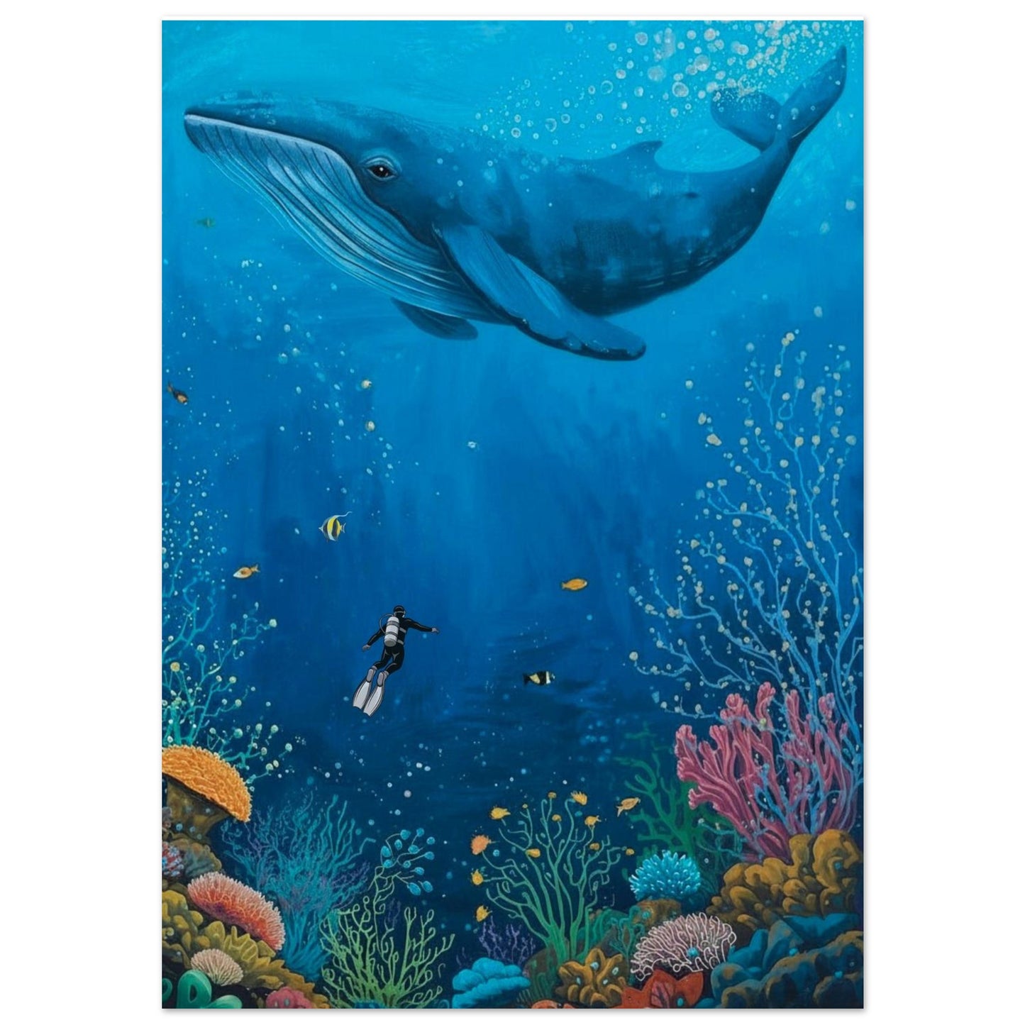 Whale swimming above a diver and colorful coral reef underwater scene