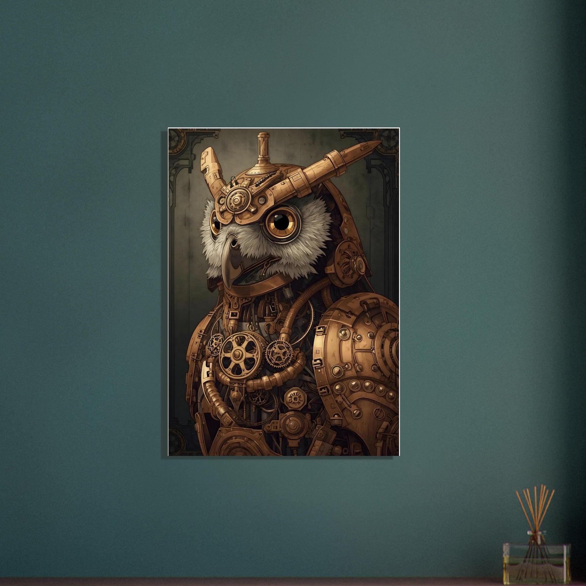 Steampunk-themed owl artwork on a teal wall