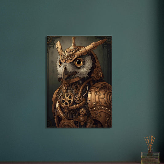 Steampunk-themed owl artwork on a teal wall