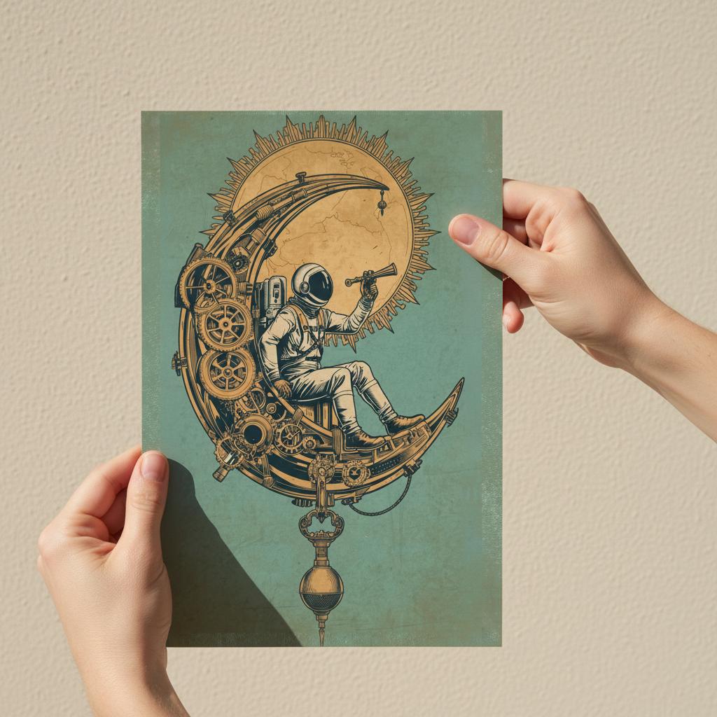 Person holding a poster with an astronaut on a moon design against a beige wall.