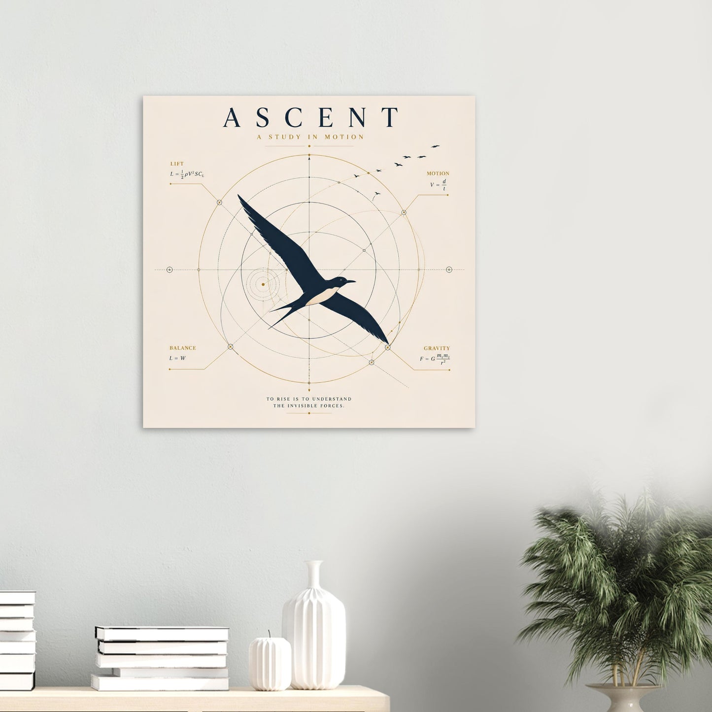 Ivory minimalist bird wall art featuring geometric flight illustrations displayed on a wooden floor against a dark accent wall.