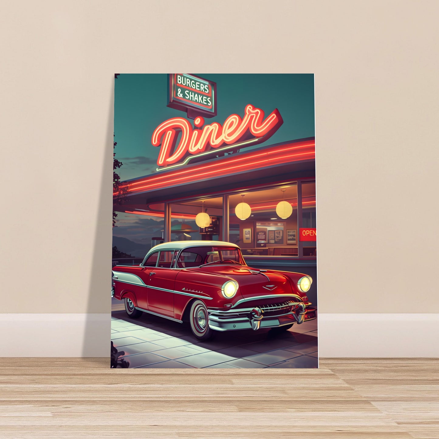 Vintage red car poster with retro diner and neon signage in semi-gloss finish