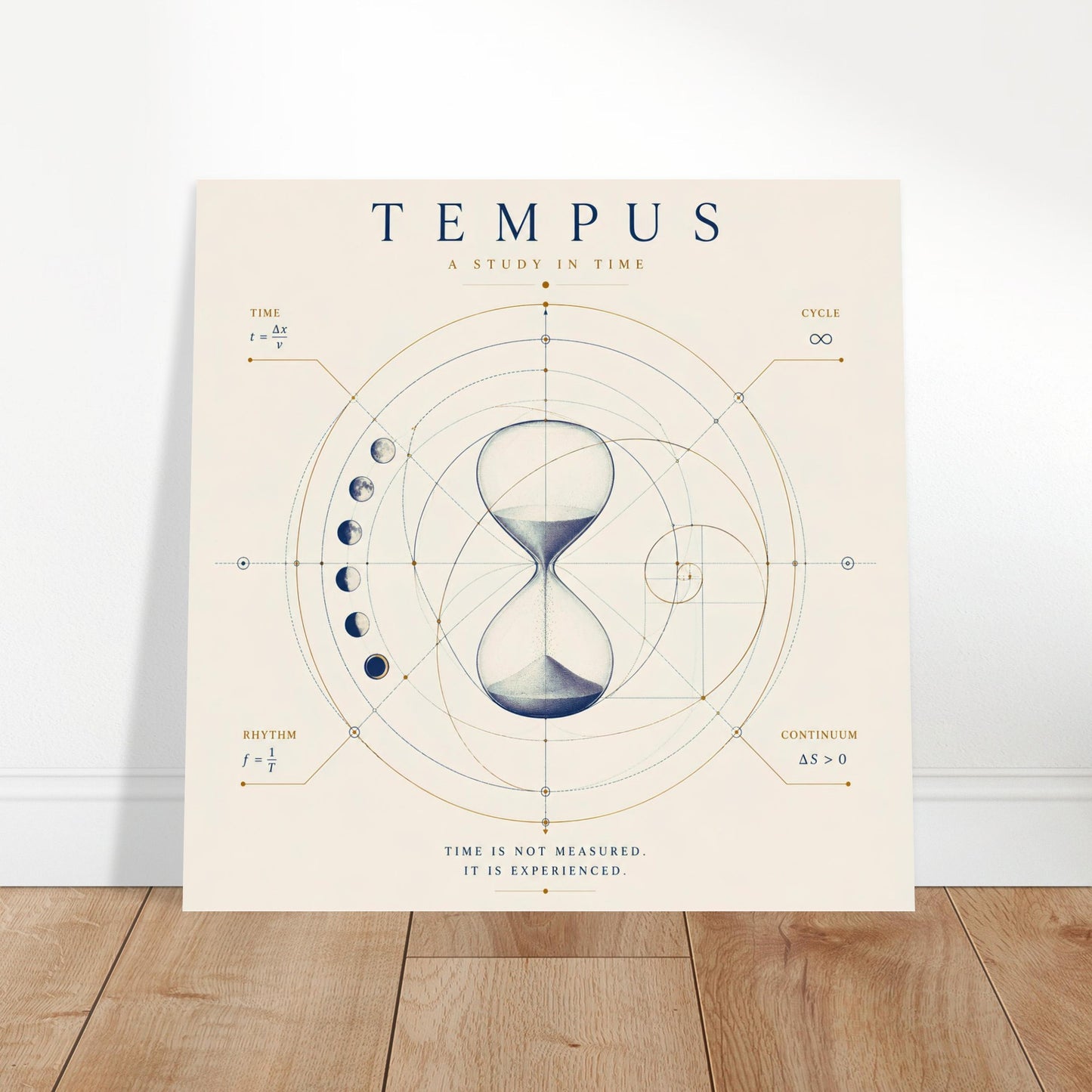 Minimalist time-inspired wall art displayed on a wooden floor showcasing geometric hourglass artwork on an ivory background.