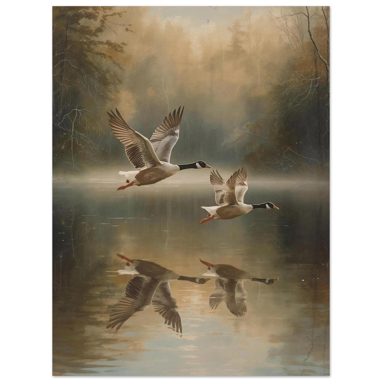 Poster of Two geese flying over a reflective lake with a misty forest background