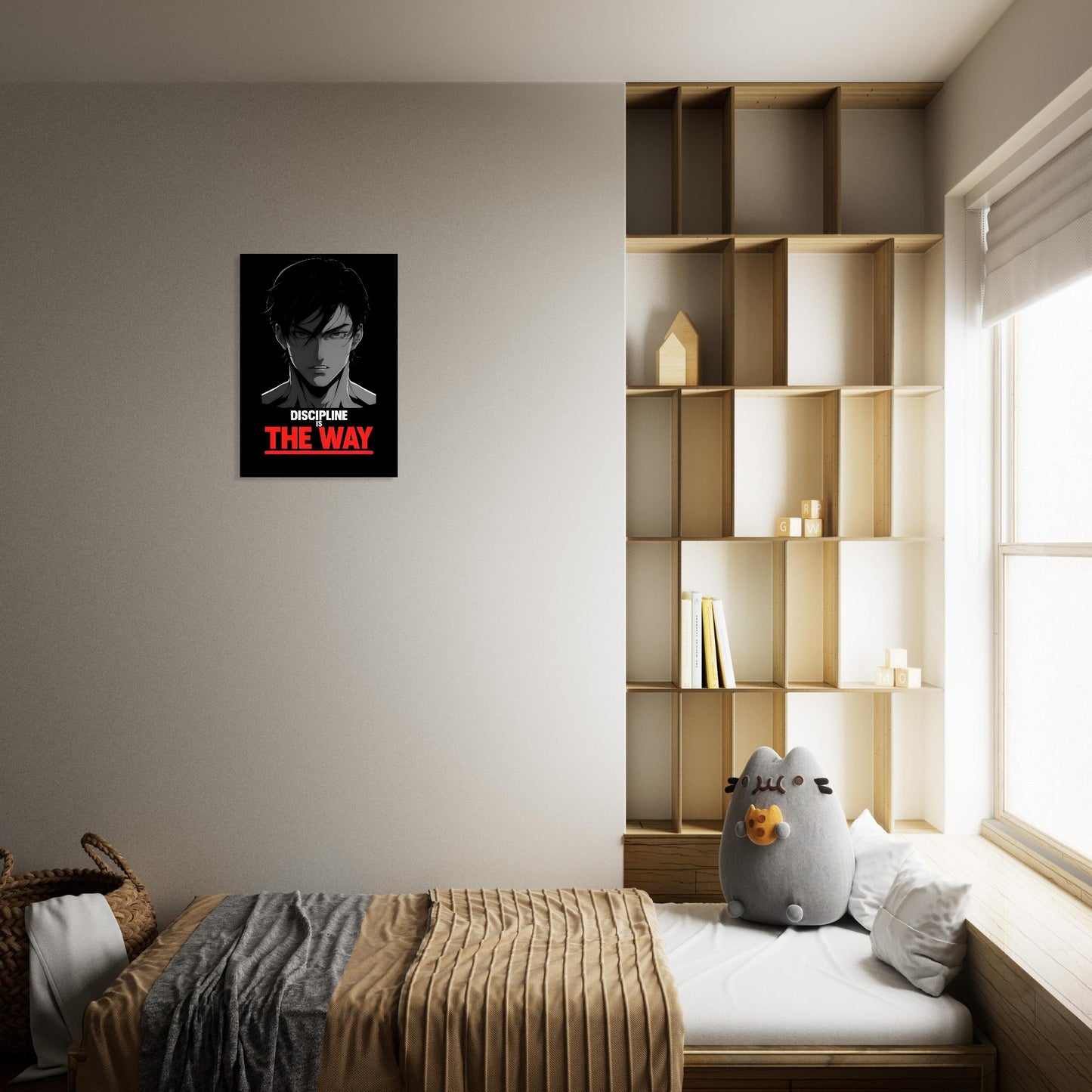 Modern bedroom with wooden shelves, bed, and decorative items and an Anime motivational poster with bold red Discipline quote on wall