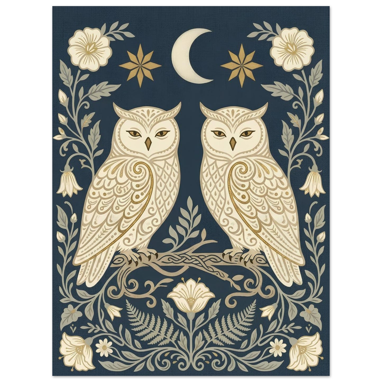 Close-up of Owls & Moonflowers wall art featuring symmetrical cream owls, moonflowers and celestial details on a navy background.