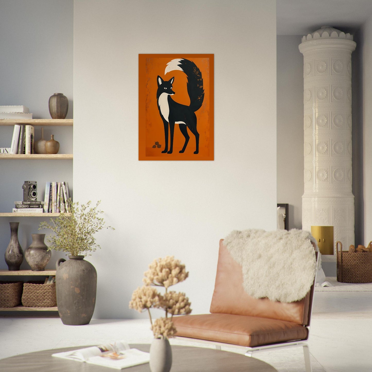 Living room with a brown armchair, decorative plant, and wall art of a fox.