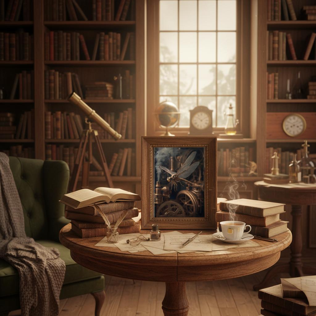 Cozy study room with bookshelf, table, chair, and decorative items.