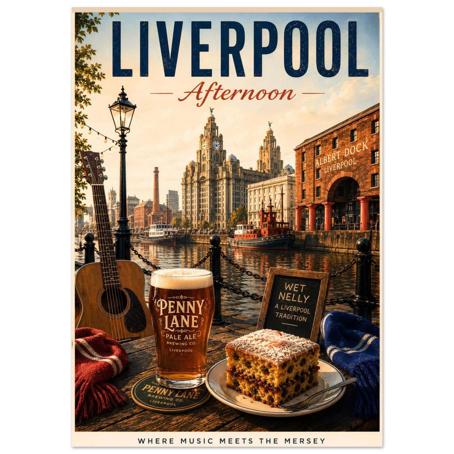 Liverpool Afternoon travel print featuring the Royal Liver Building, waterfront views, traditional Wet Nelly and a locally inspired pale ale.