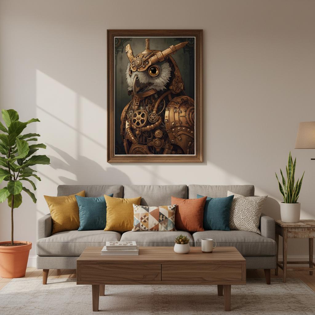 Living room with a gray sofa, wooden coffee table, and decorative wall art of a steampunk owl.