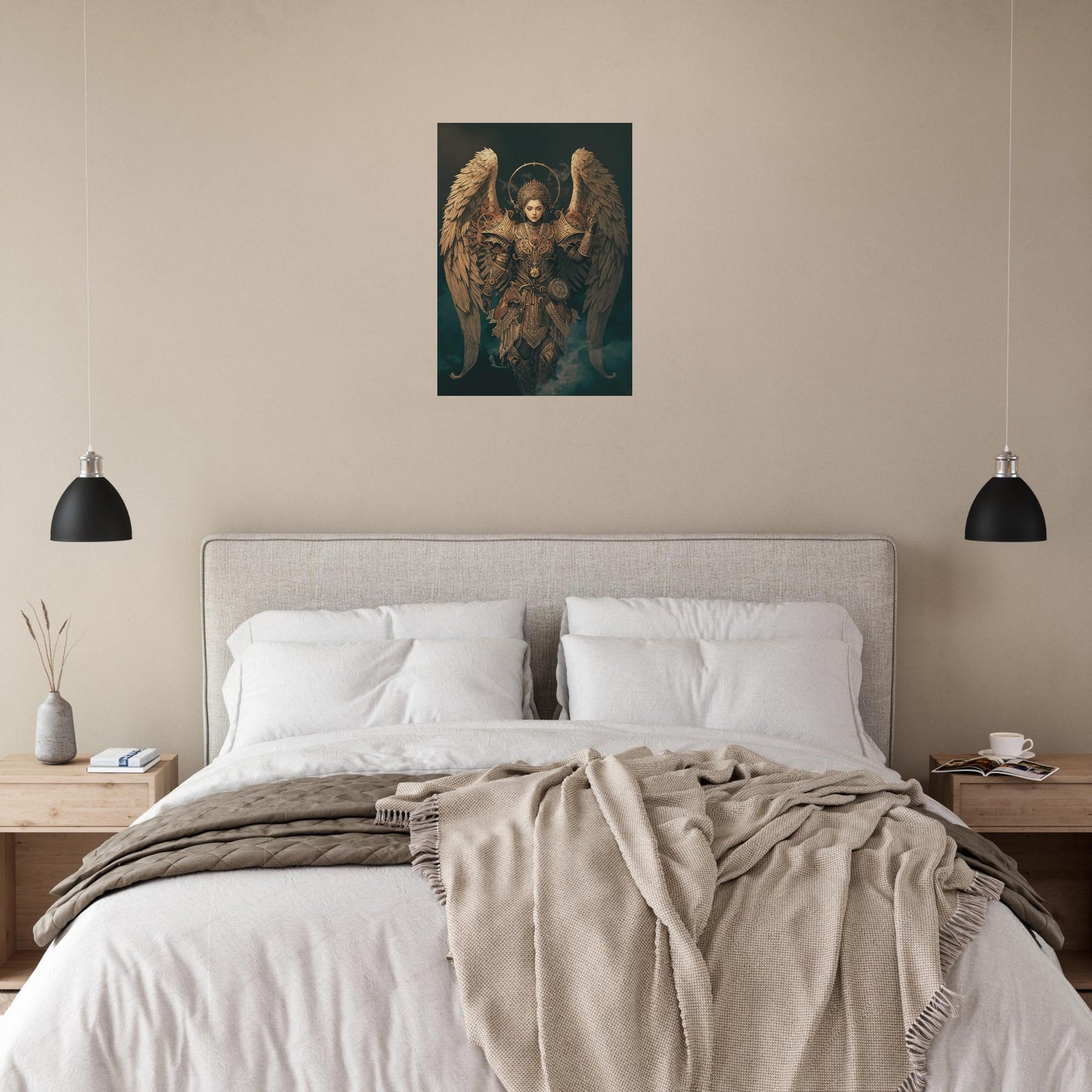 Bedroom with a bed, nightstands, and a wall art of an angel.