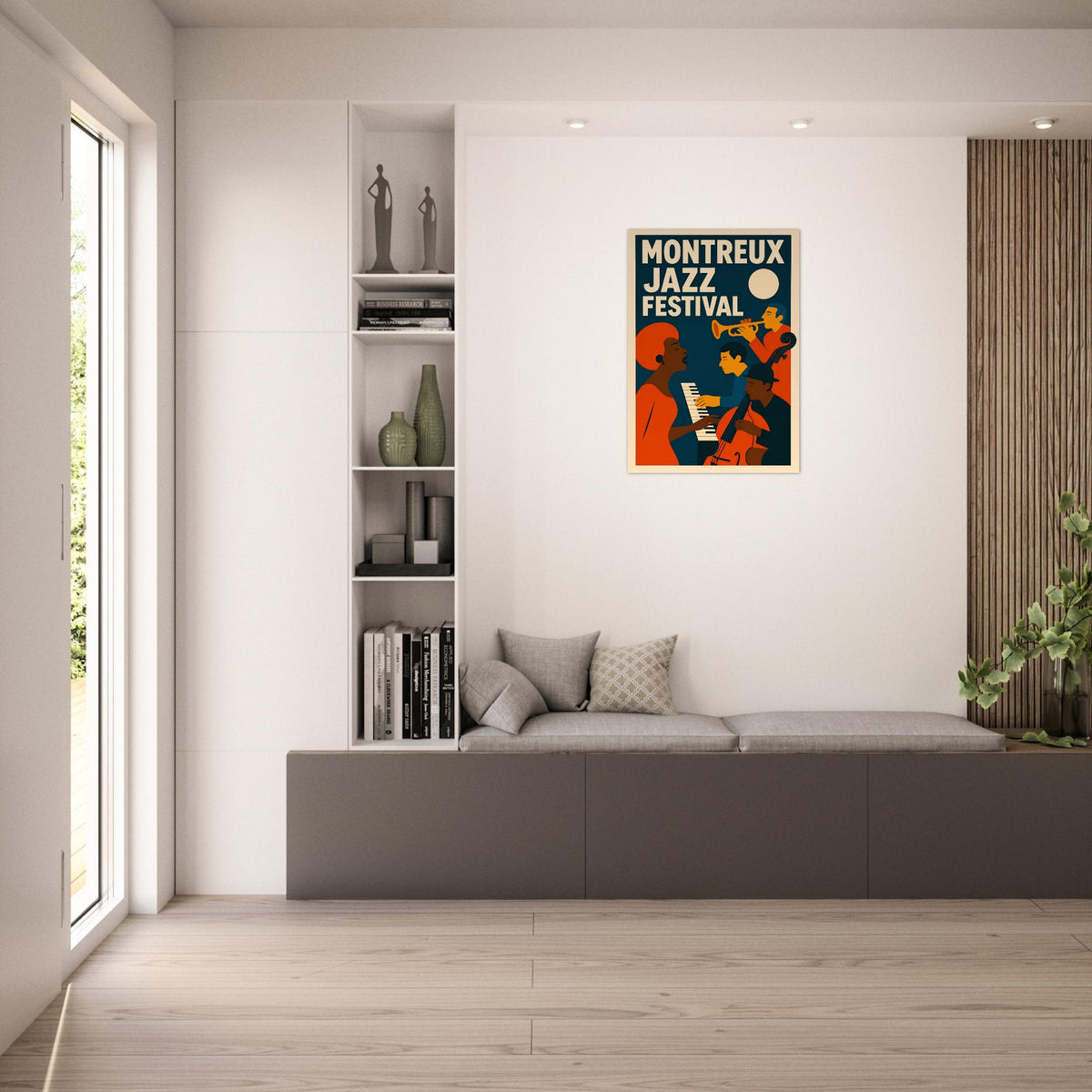 A framed Montreux Jazz Festival poster hangs on a white wall above a built-in gray bench in a modern, sunlit room with light wood flooring and shelving.