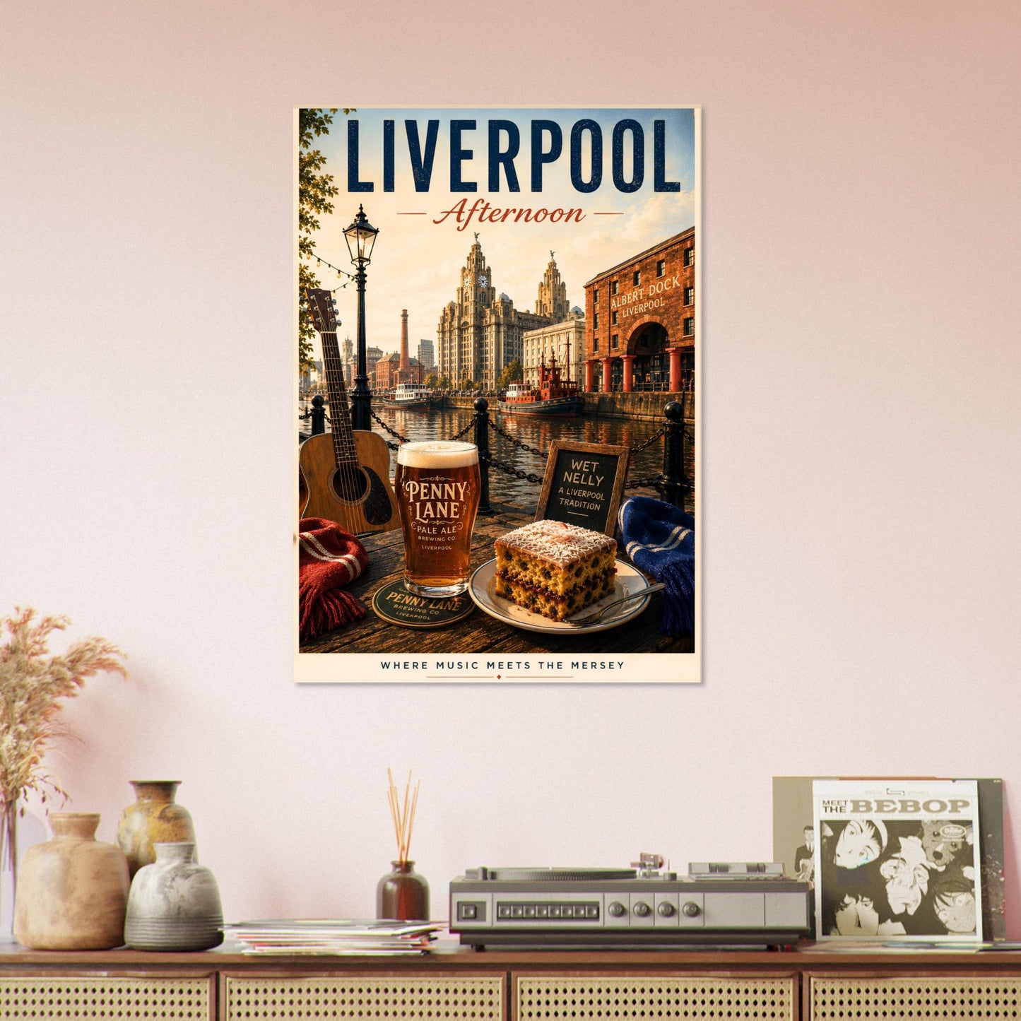 Liverpool Afternoon travel print displayed on a bright shelf display, celebrating the character of Albert Dock and the spirit of the Mersey.