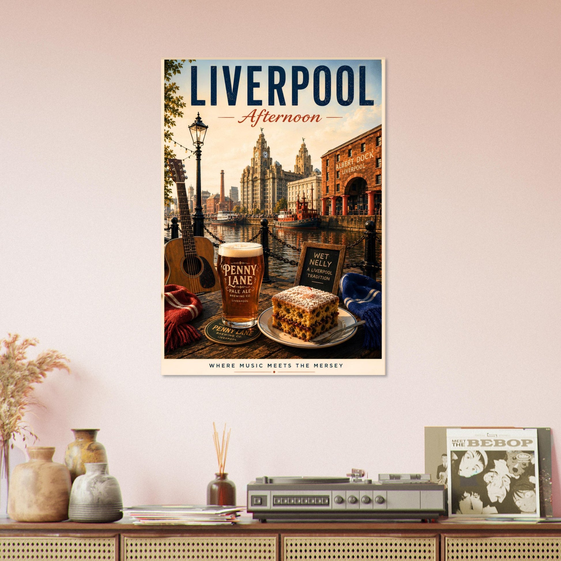 Liverpool Afternoon travel print displayed on a bright shelf display, celebrating the character of Albert Dock and the spirit of the Mersey.