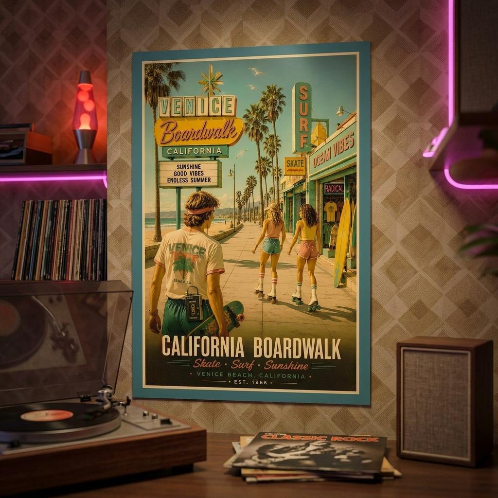 Poster of a California Boardwalk scene with people and surfboards, framed on a wall.