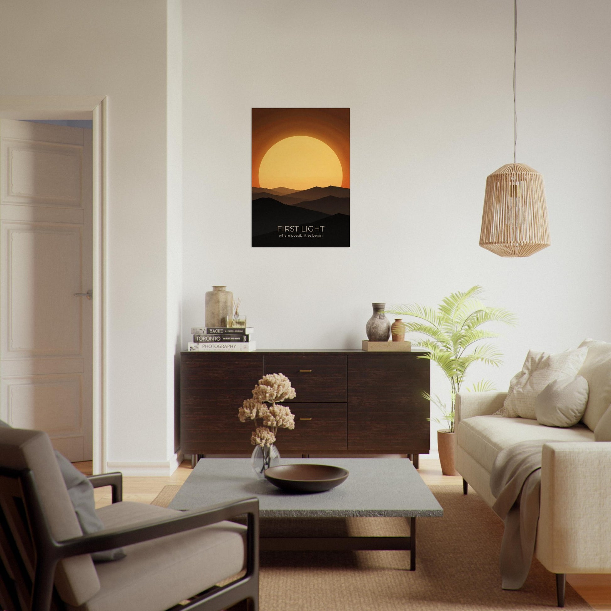First Light wall art featured in a contemporary lounge, showcasing a minimalist sunrise landscape with warm amber and orange tones.