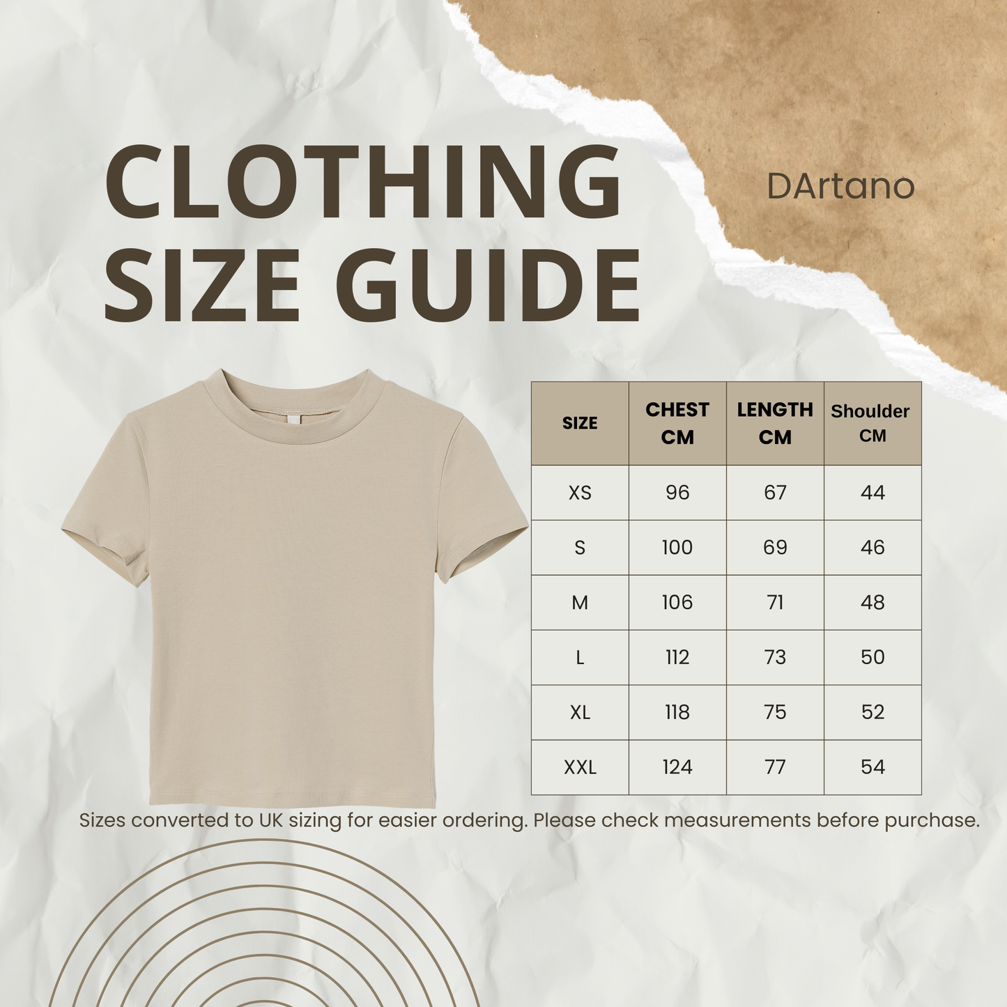 Beige t-shirt with size chart and DArtano branding on a textured background