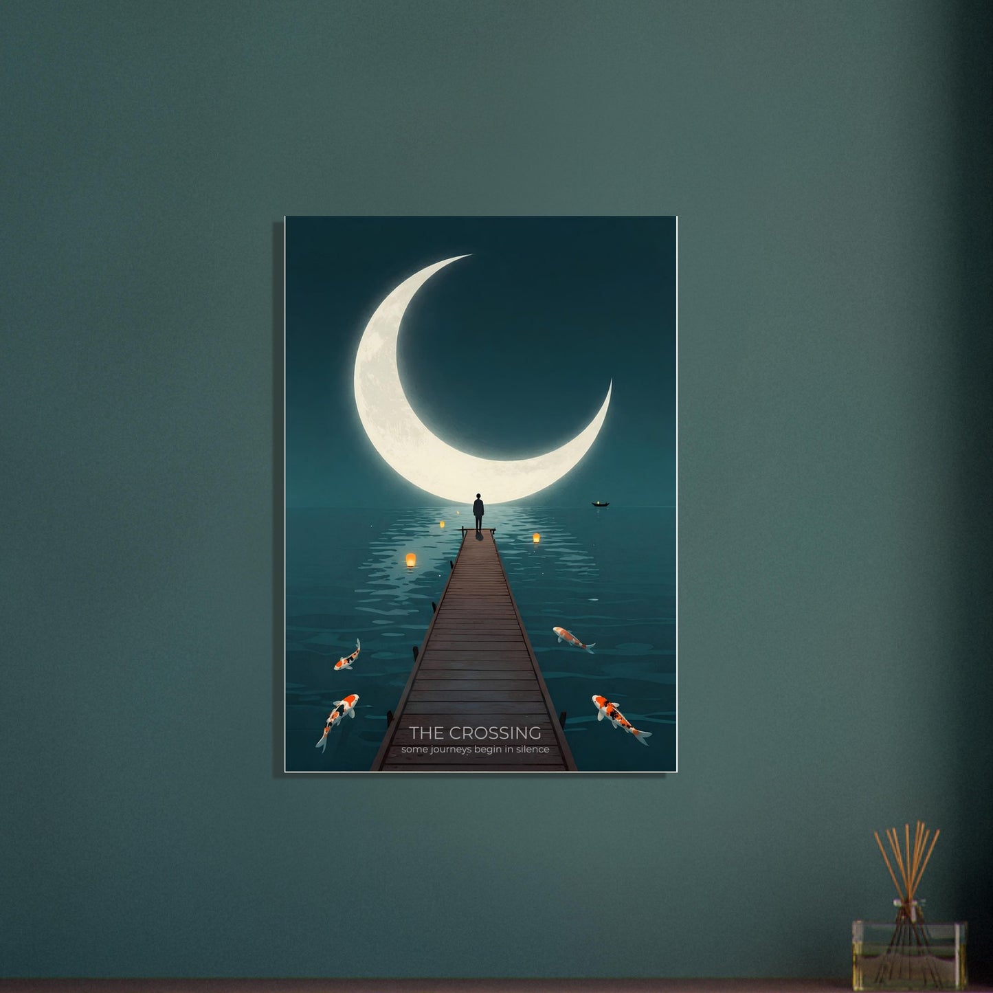 The Crossing poster mounted on a deep teal wall, highlighting the glowing crescent moon, lanterns and koi fish in a surreal night scene.