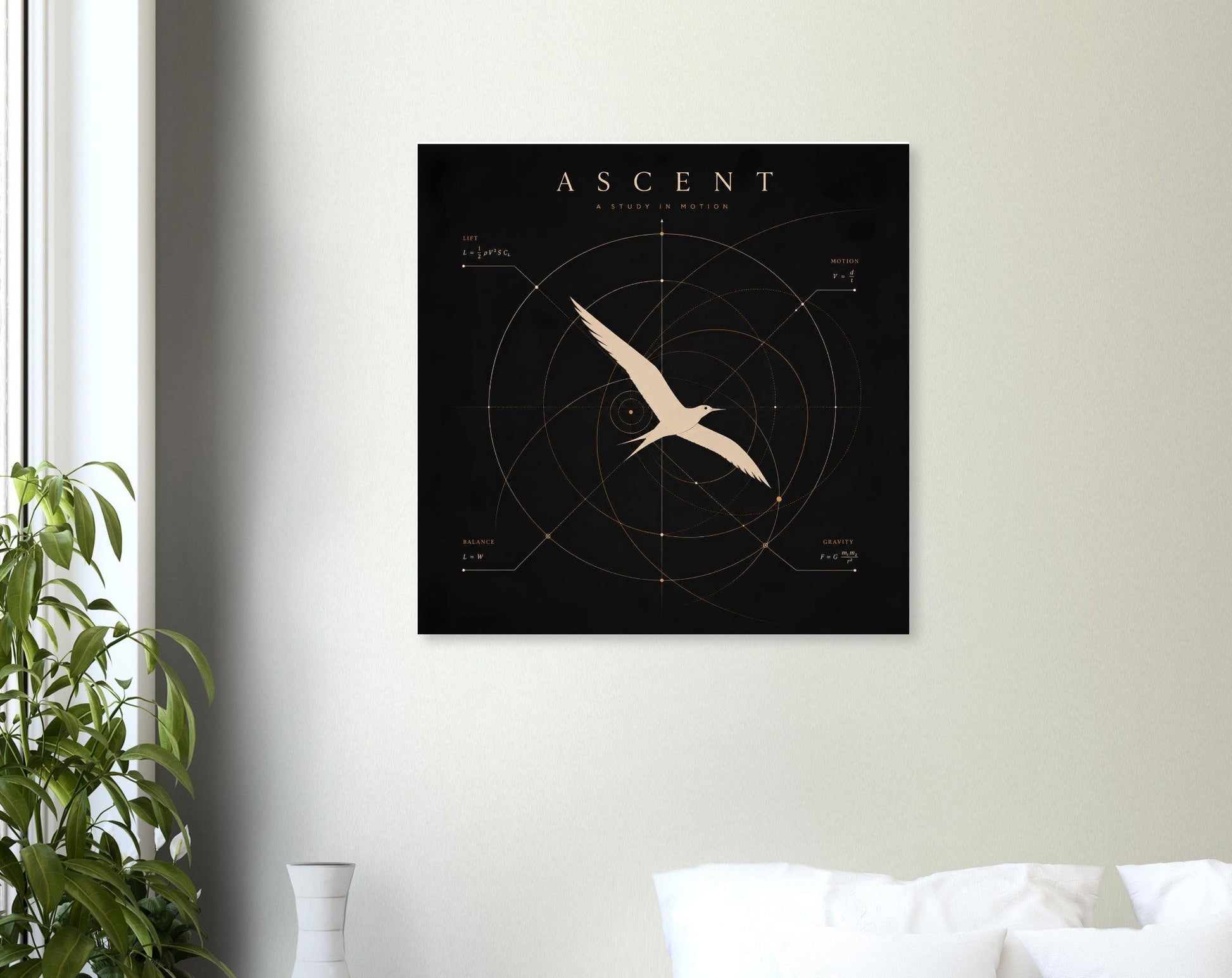 Minimalist flight-inspired bird wall art displayed above a bed in a bright, contemporary bedroom.