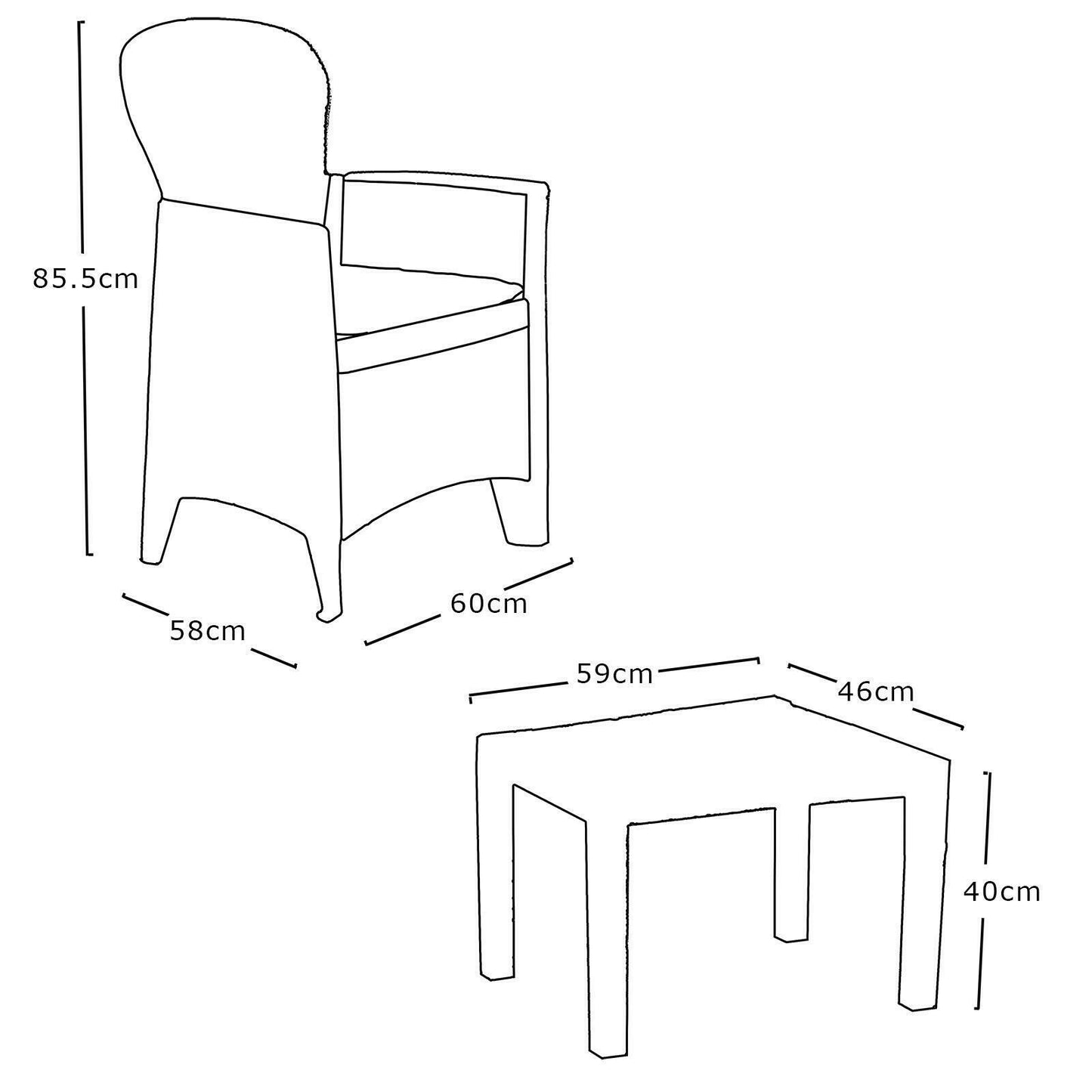 3Pc Bistro Garden Furniture Set Table Chairs Cushions Rattan Effect Dark Grey