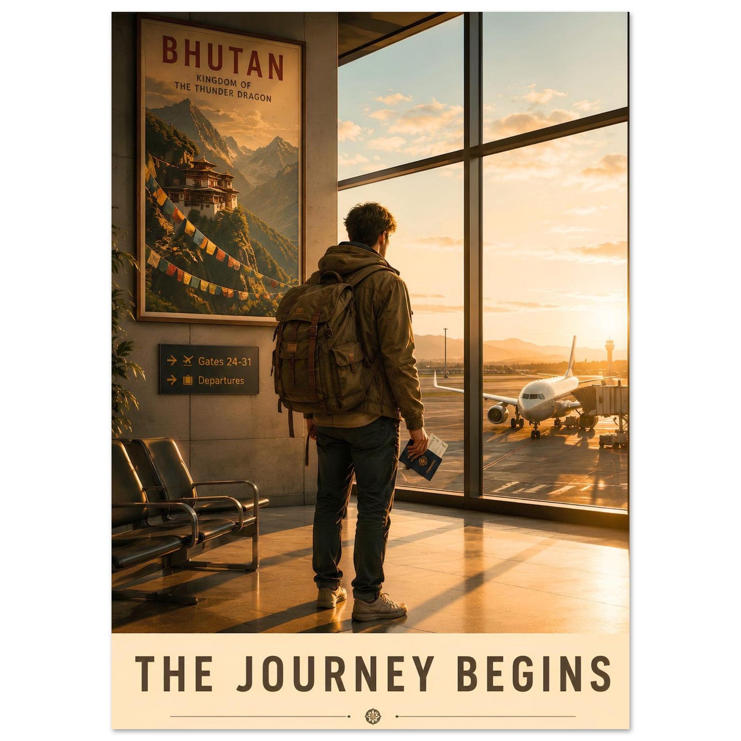 The Journey Begins contemporary travel wall art featuring a backpacker at an airport sunrise