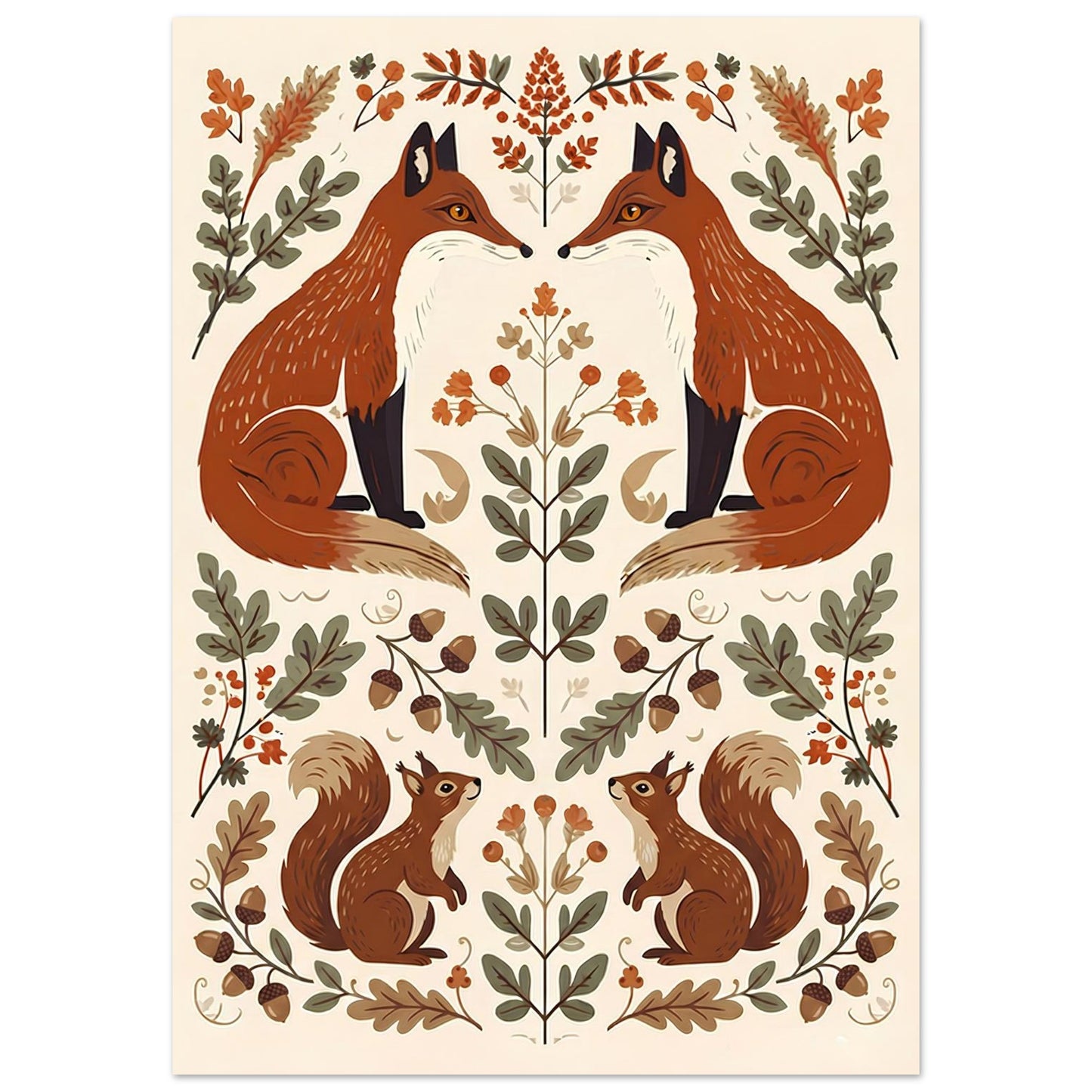 Close-up of Foxes & Ferns woodland wall art featuring red foxes, acorns, ferns and decorative folk art elements.