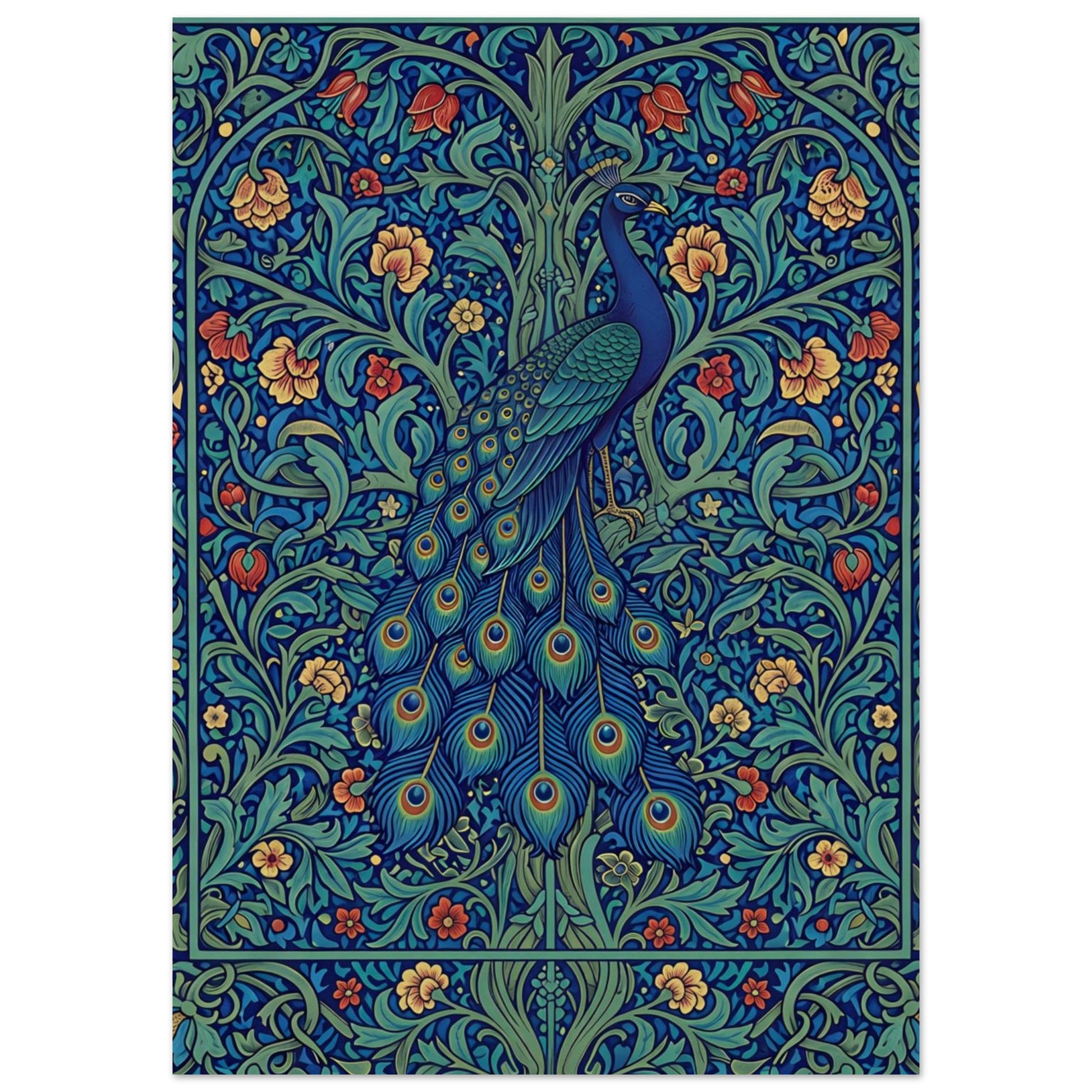 The Enchanted Peacock art print featuring a blue and teal peacock surrounded by intricate jewel-toned flowers and foliage.