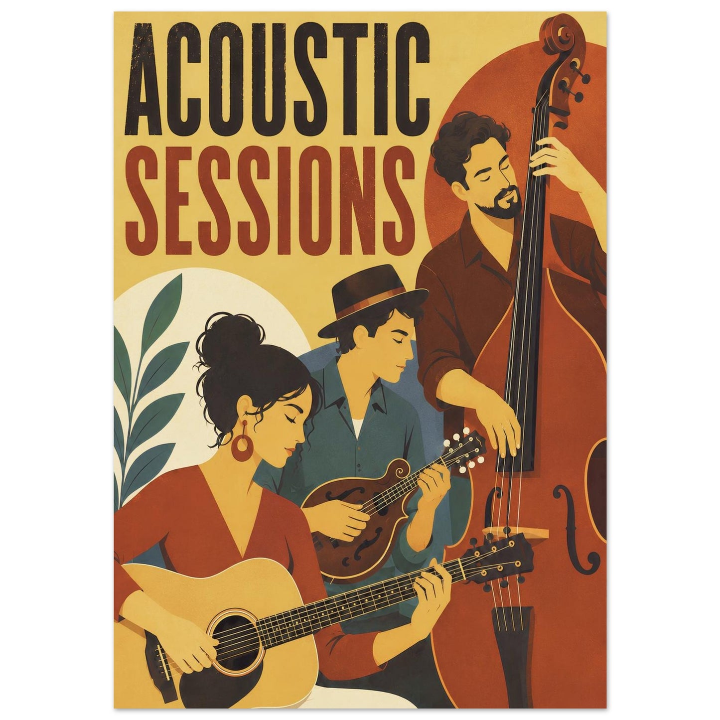 Close-up of the Acoustic Sessions wall art featuring three stylised musicians playing acoustic guitar, mandolin and upright double bass.