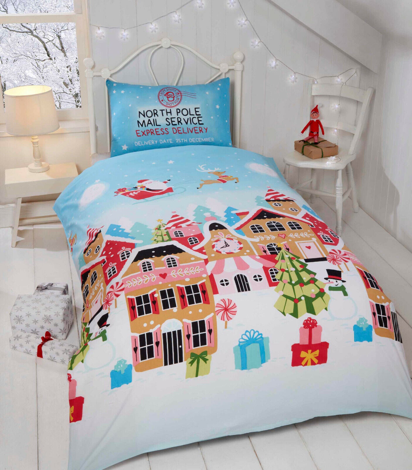 Christmas Santa Gingerbread Town Duvet Quilt Cover Bedding Set with Pillowcase