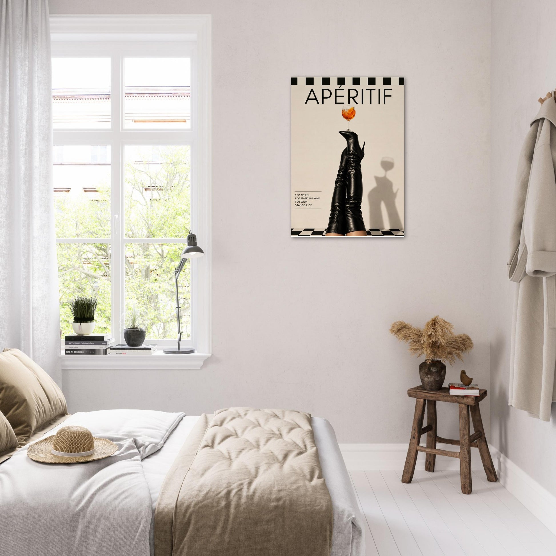 Editorial fashion cocktail wall art hanging in bright neutral Scandinavian bedroom