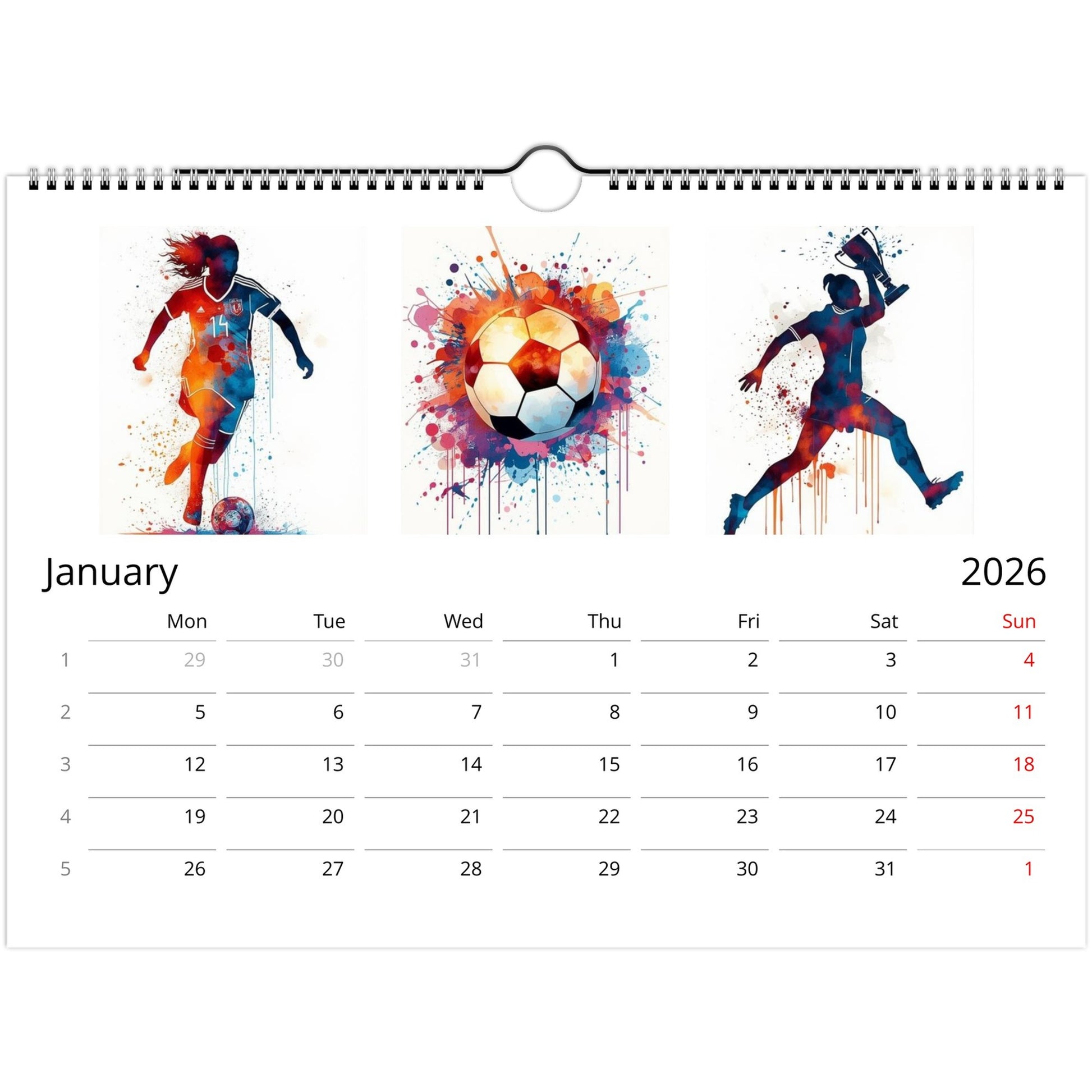 Calendar for January 2026 with colorful soccer-themed designs on a white background