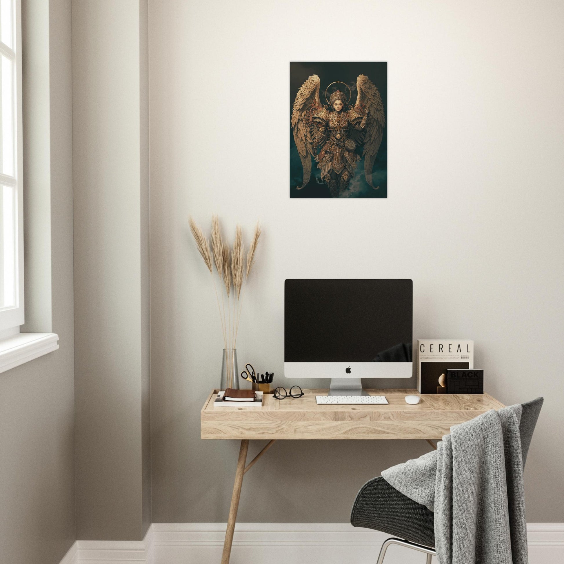 Modern home office with a desk, computer monitor, and wall art of an angel.