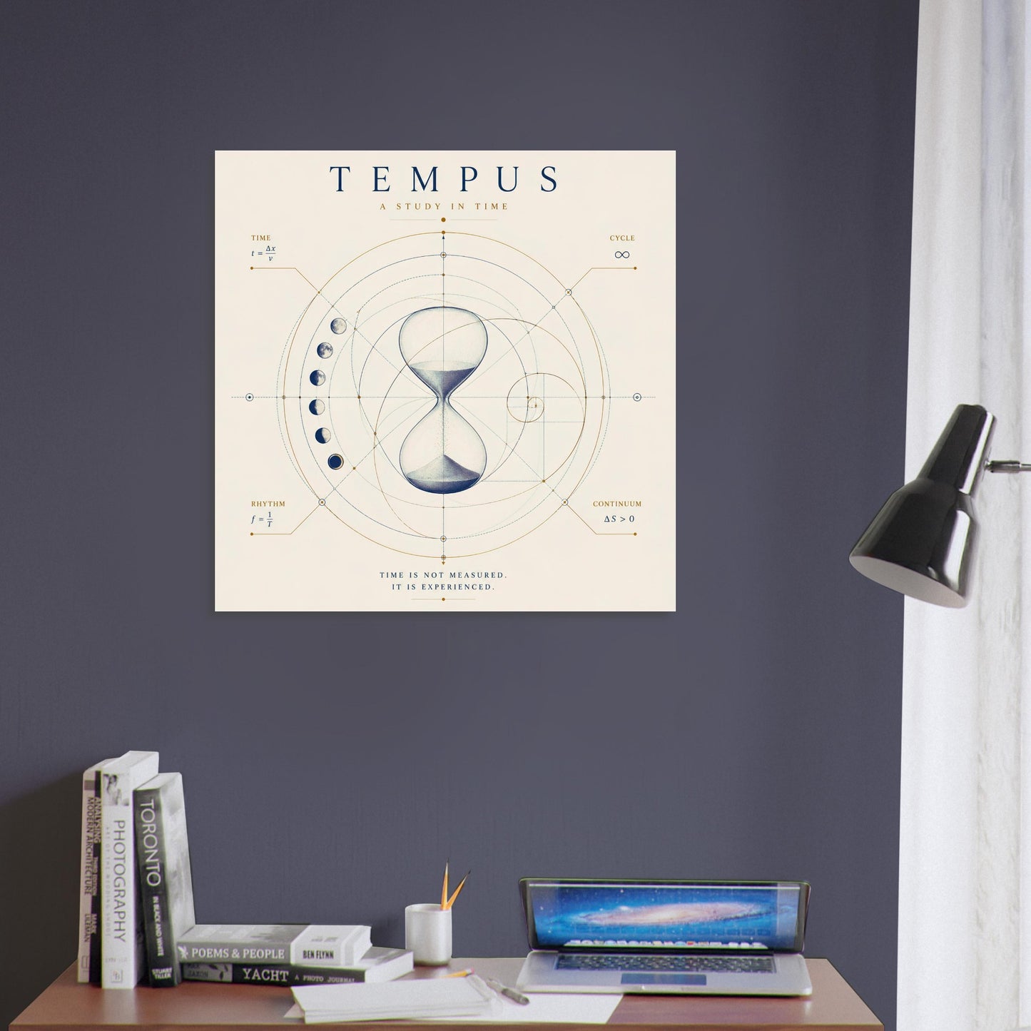 Geometric time-inspired wall art displayed on a dark blue wall in a contemporary bedroom.