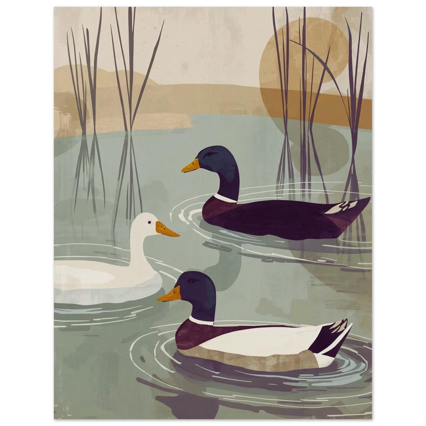 Illustration poster of three ducks swimming in a pond with reeds and a sunset in the background.