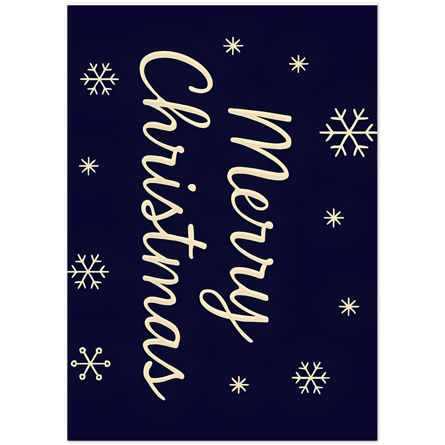 Navy blue card with 'Merry Christmas' in white cursive text and snowflakes.