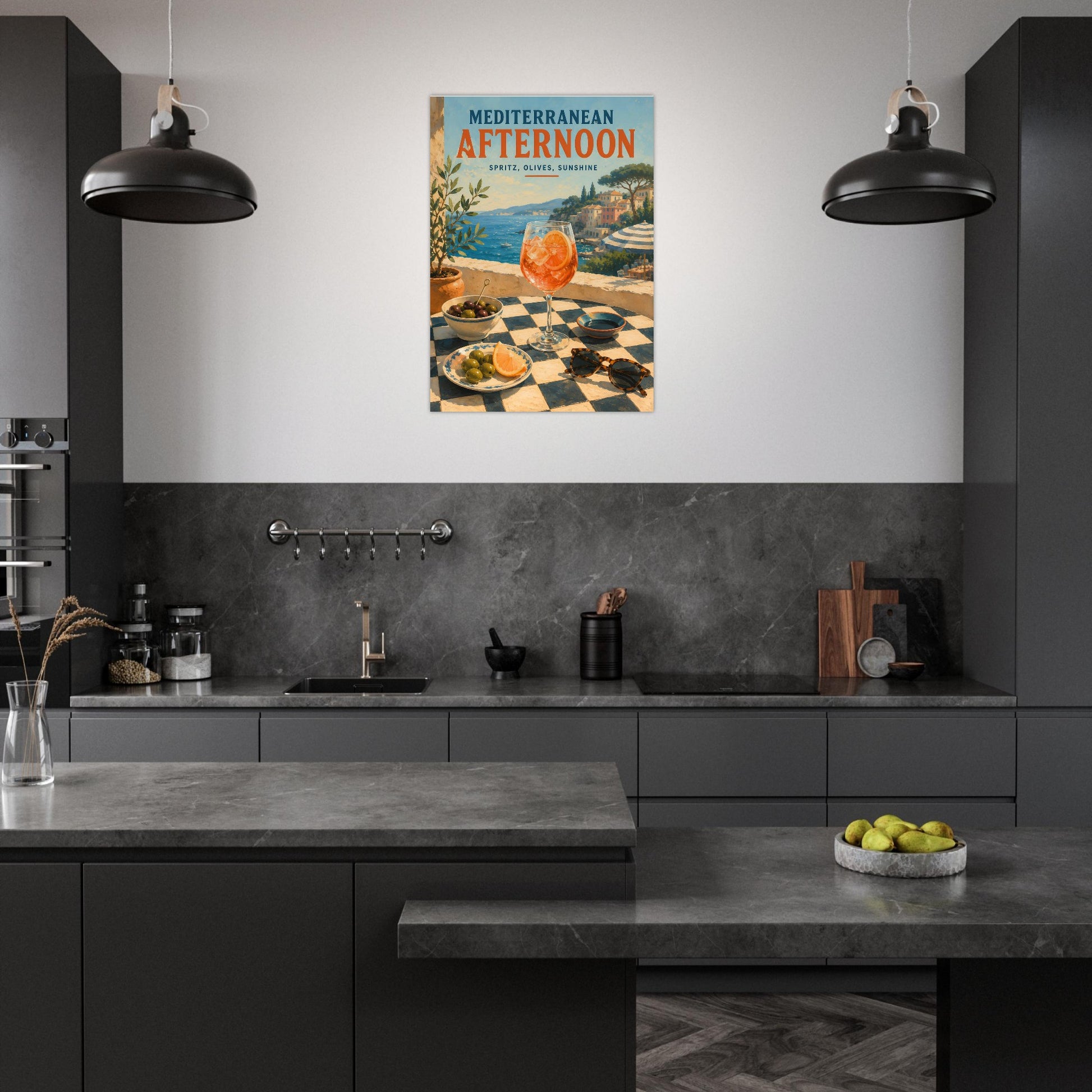 Italian summer wall art featuring a spritz and sea view displayed in a dark grey modern kitchen setting