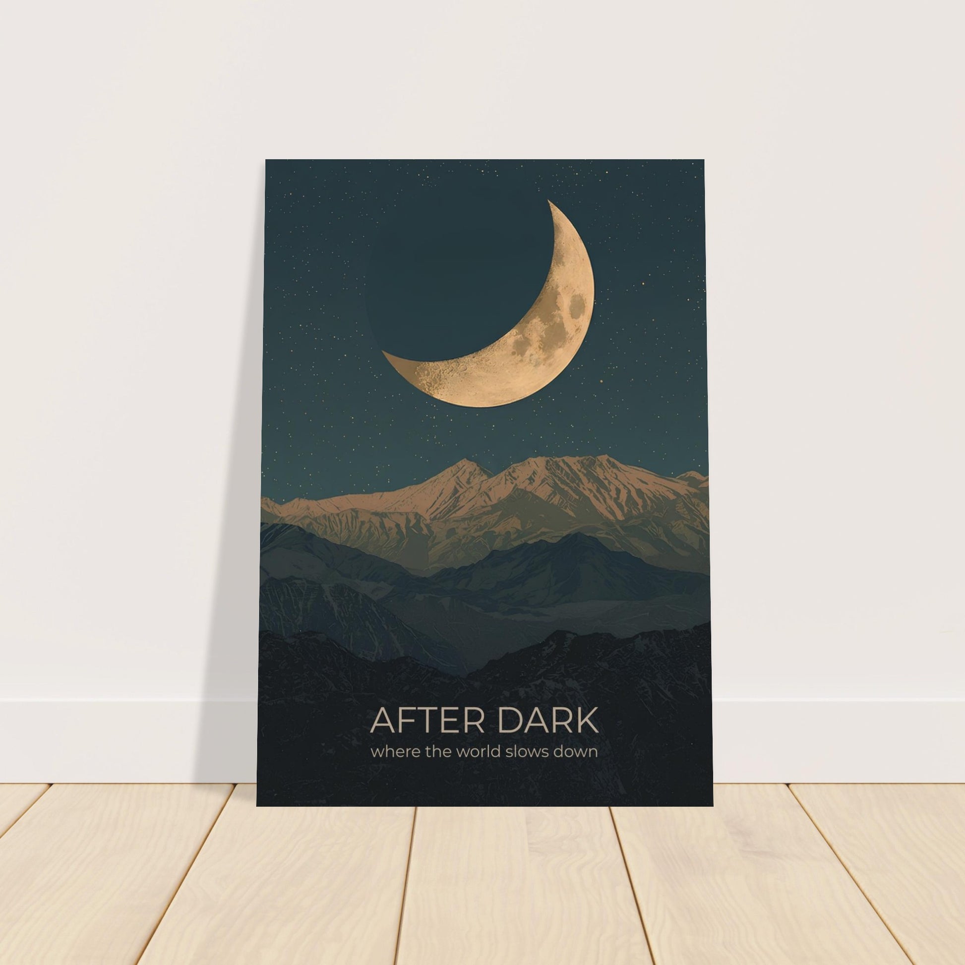 After Dark moon wall art featuring a giant crescent moon above mountain silhouettes, displayed in a bright modern interior.