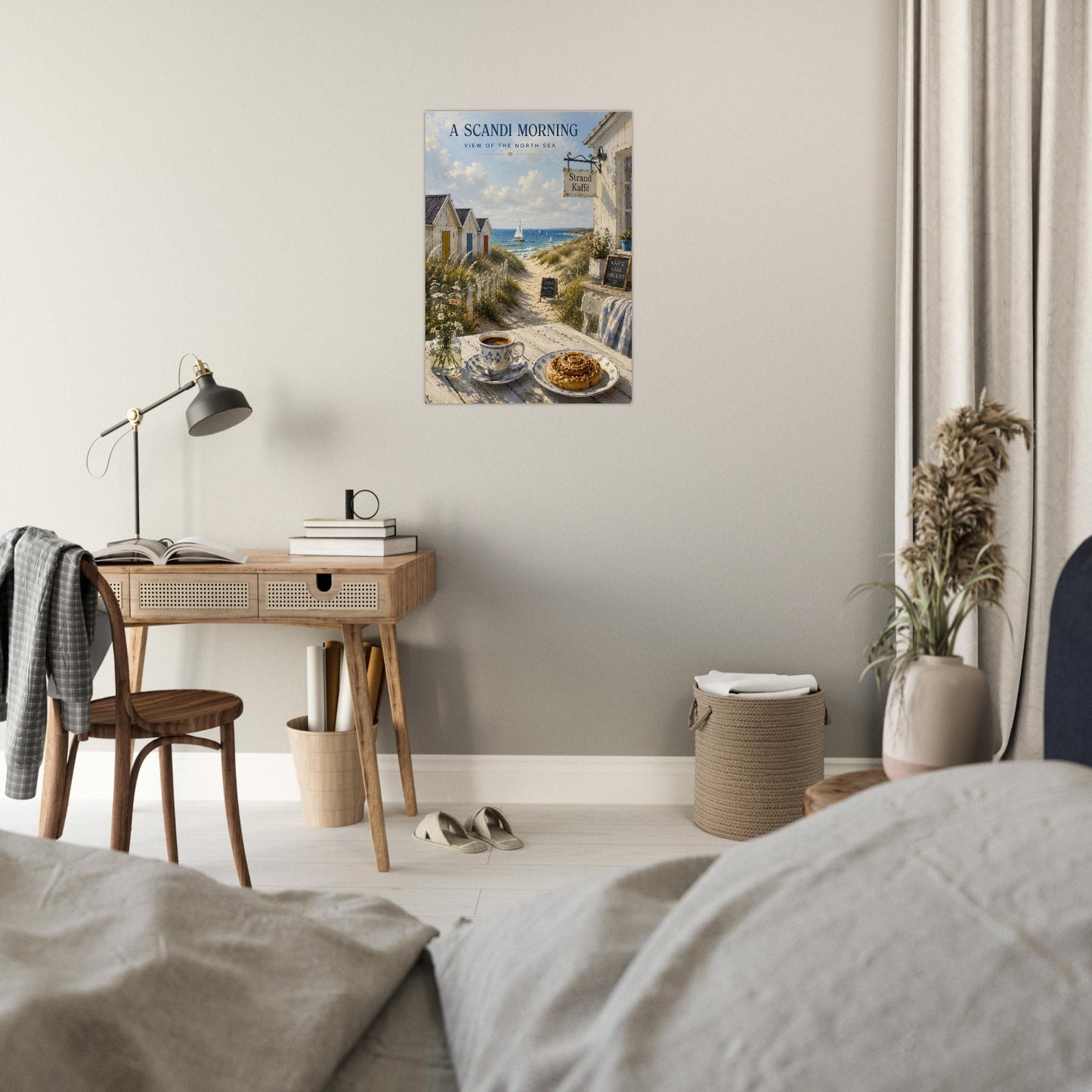 Scandinavian wall art displayed in a modern bedroom with coastal-inspired décor
