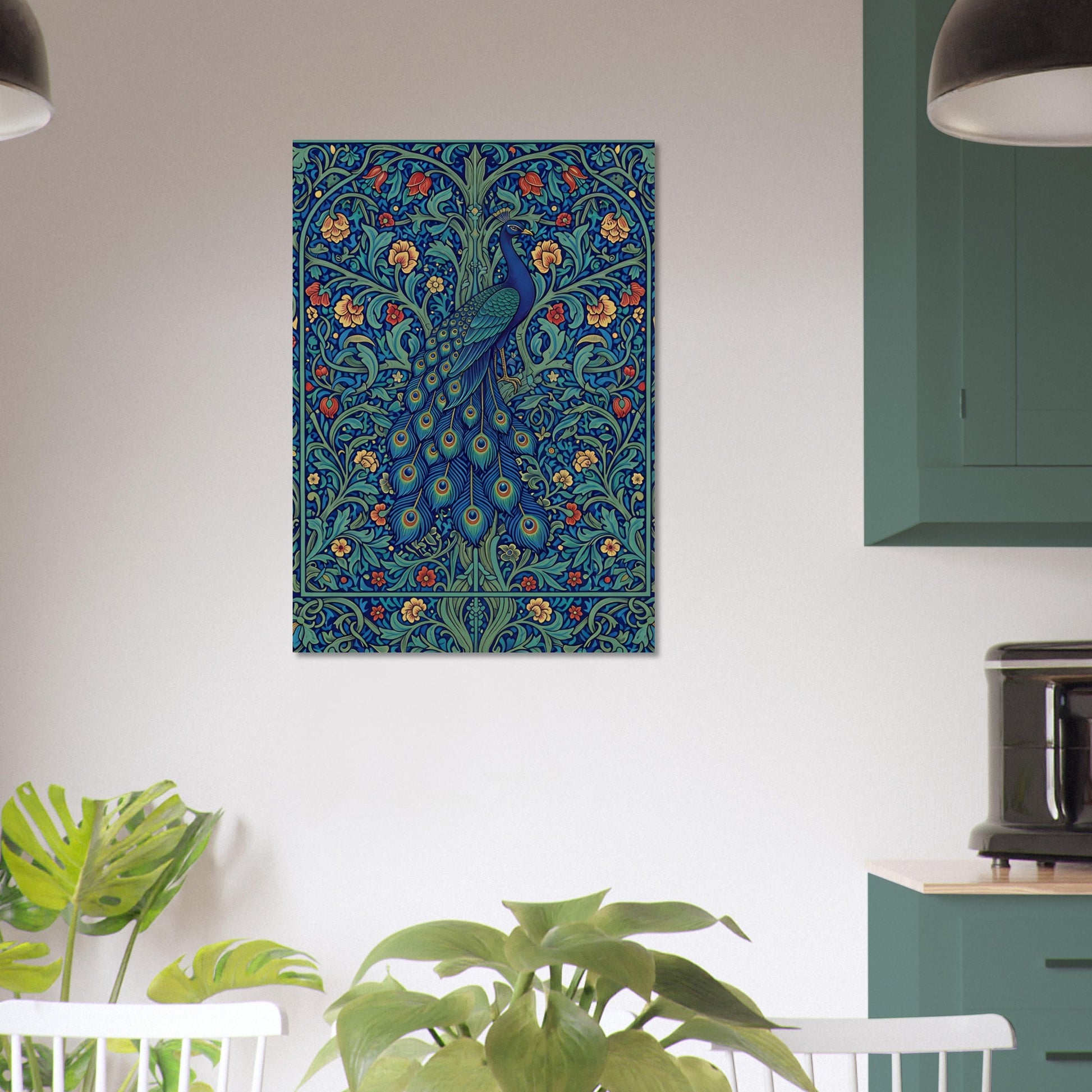A vertical art print featuring a detailed blue peacock with floral motifs, styled on a white wall in a modern kitchen setting with green cabinets and plants.
