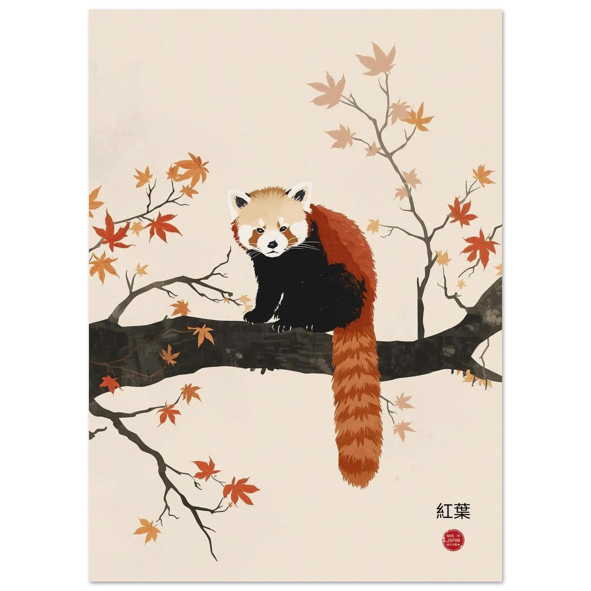 Illustration of a red panda on a branch with autumn leaves