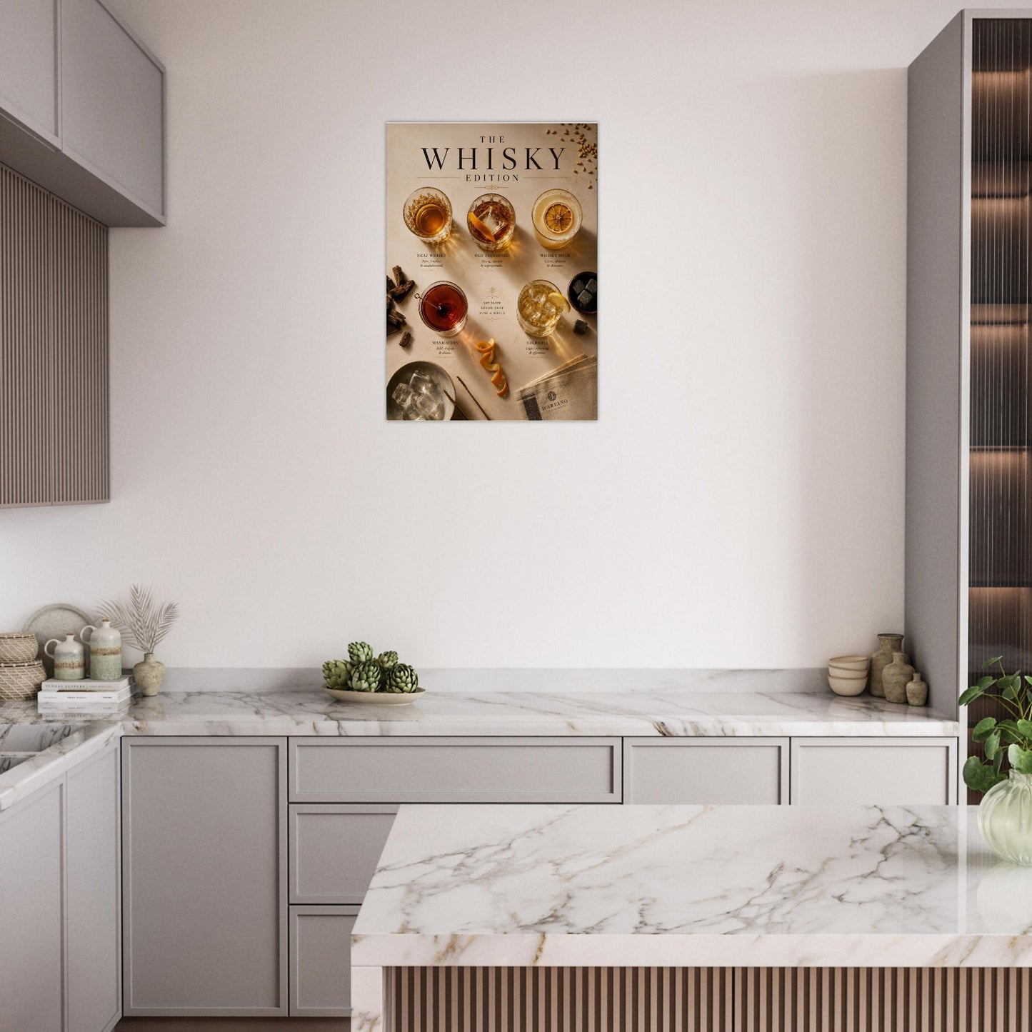 Modern kitchen with marble countertop and 'The Whisky Edition' poster on the wall.