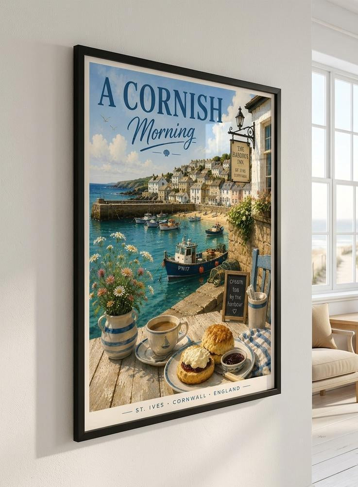 Framed artwork of a Cornish coastal scene with a boat and buildings, displayed in a room with a window and curtains.