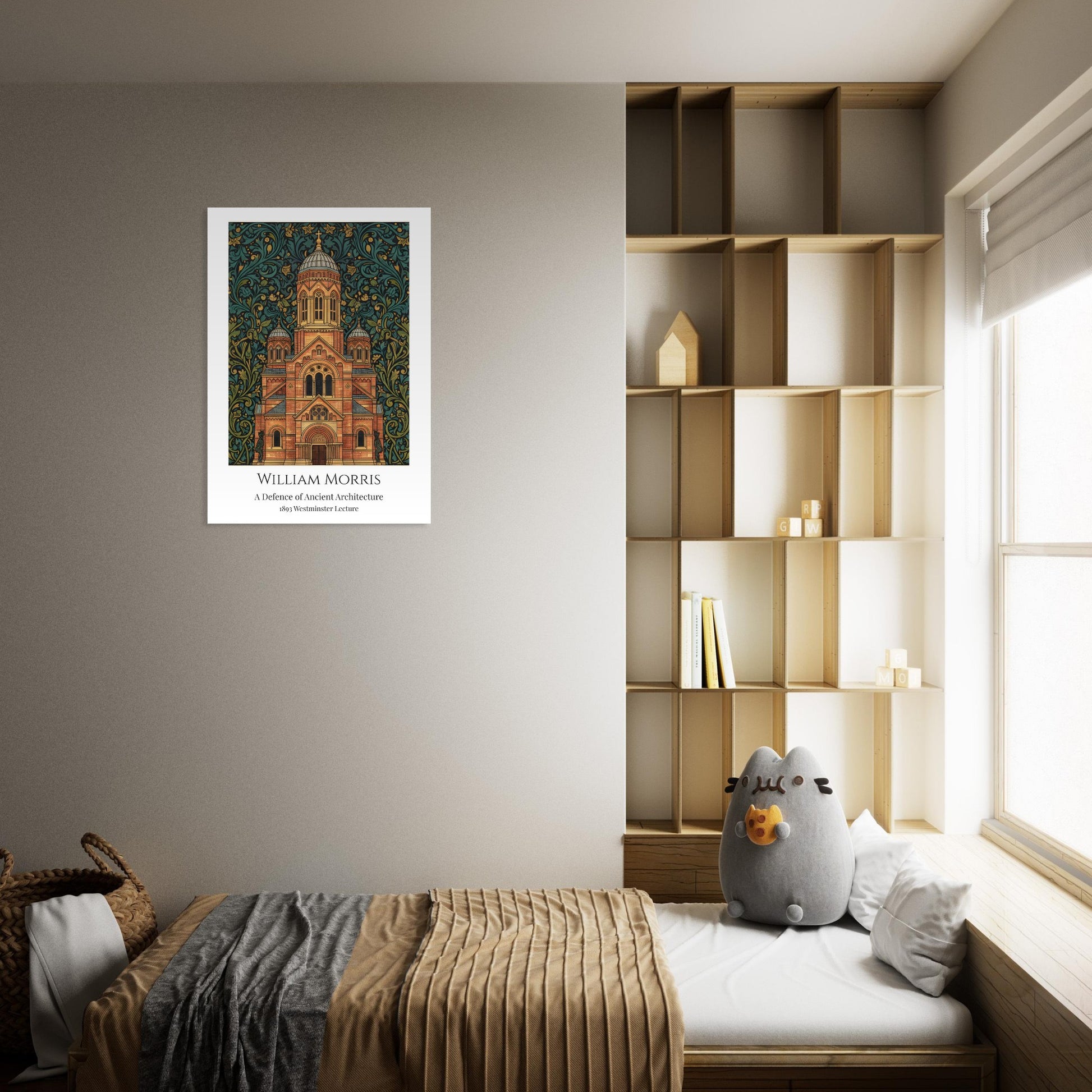 Room interior with a bookshelf, bed, and decorative pillow featuring a William Morris Poster