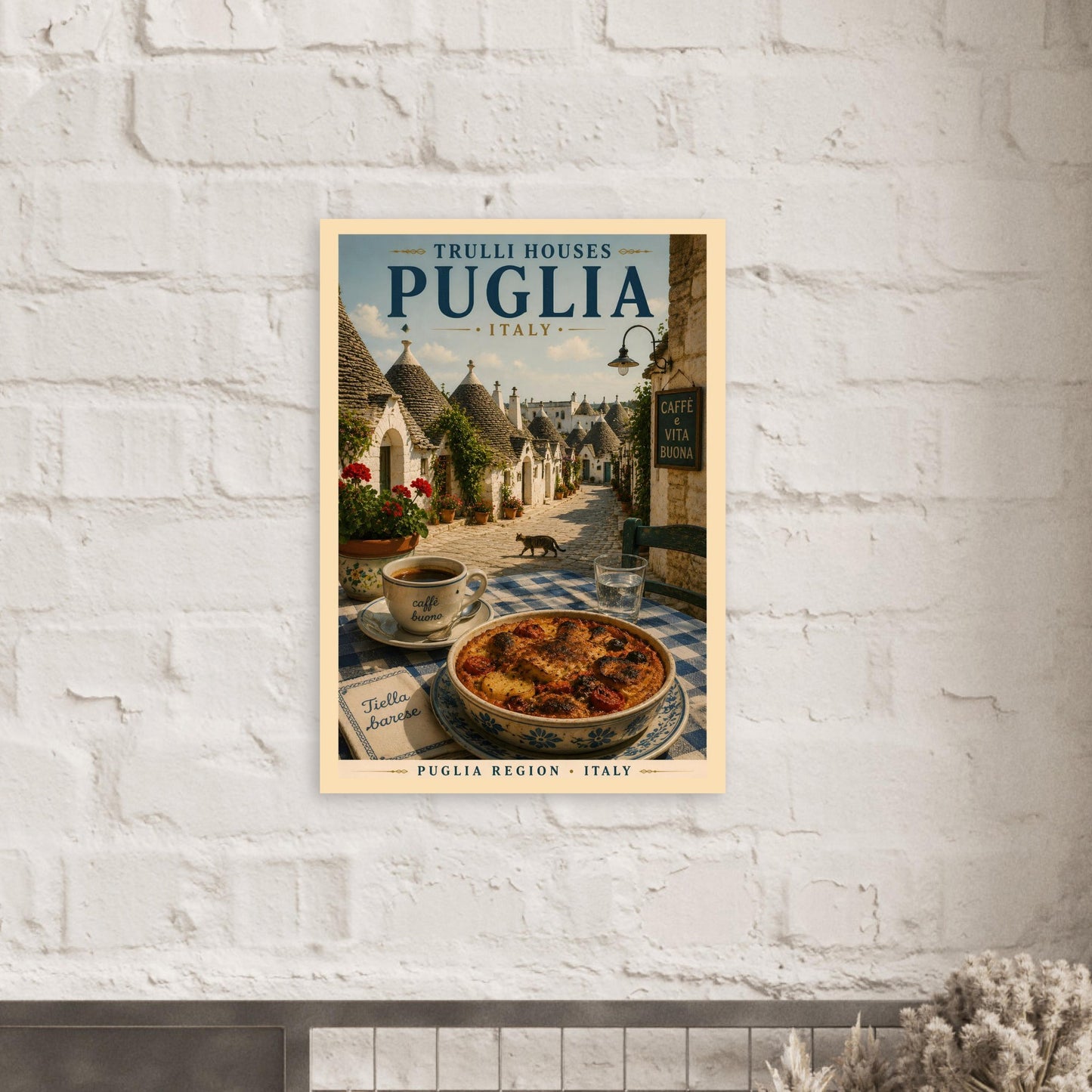 Italian wall art featuring trulli houses displayed on a white brick wall in a modern interior