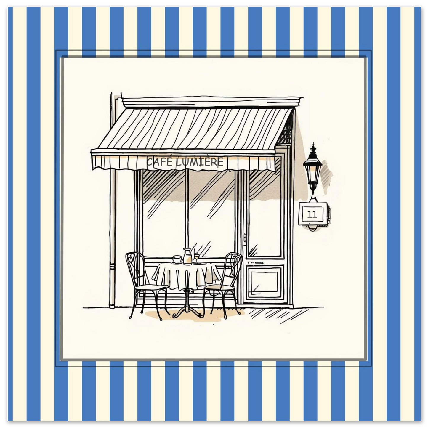 Close-up of Café Lumière Paris blue square art print with striped border