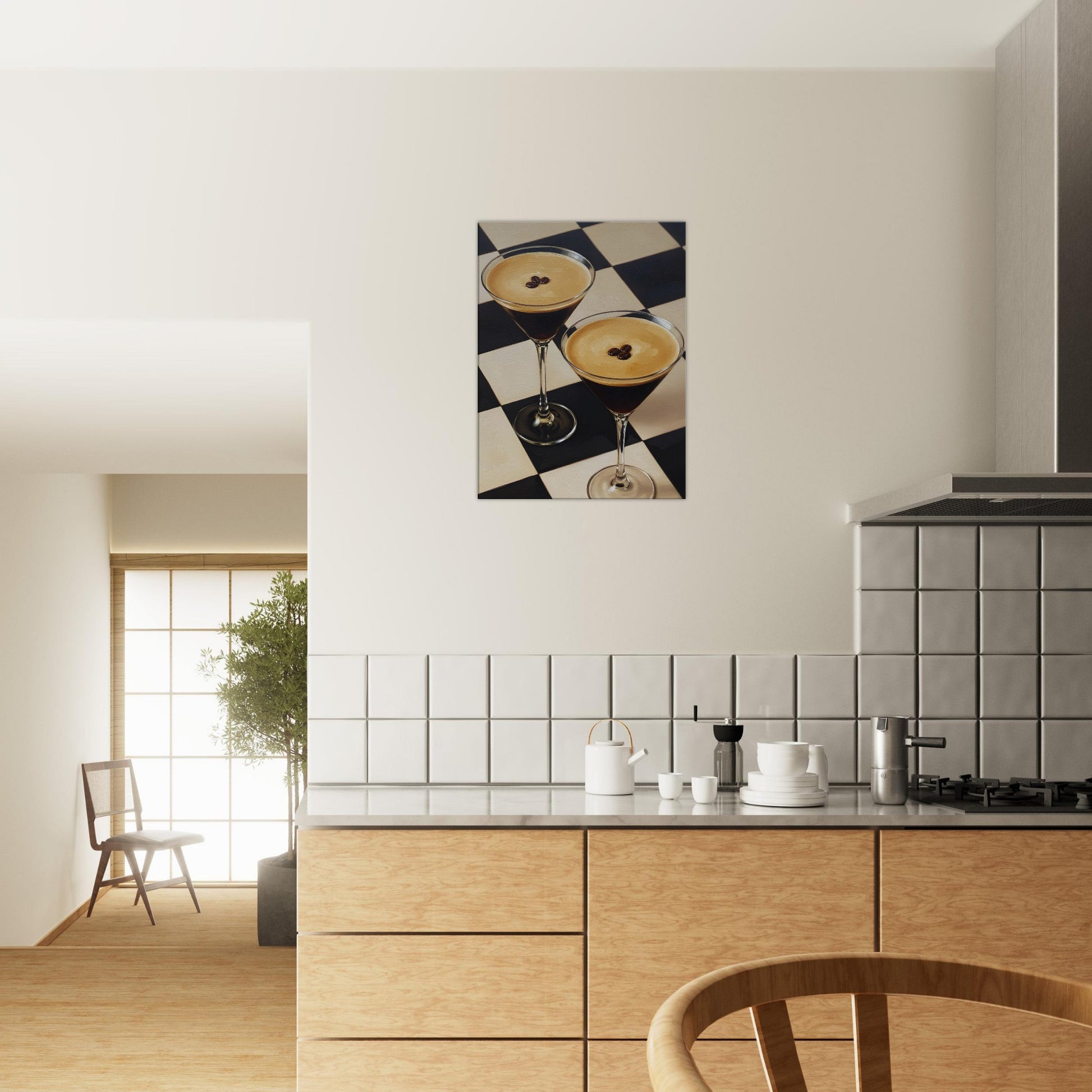 Espresso Martini canvas wall art displayed in a spacious open-plan kitchen with warm wood finishes.