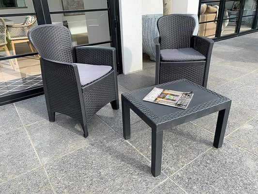 3Pc Bistro Garden Furniture Set Table Chairs Cushions Rattan Effect Dark Grey