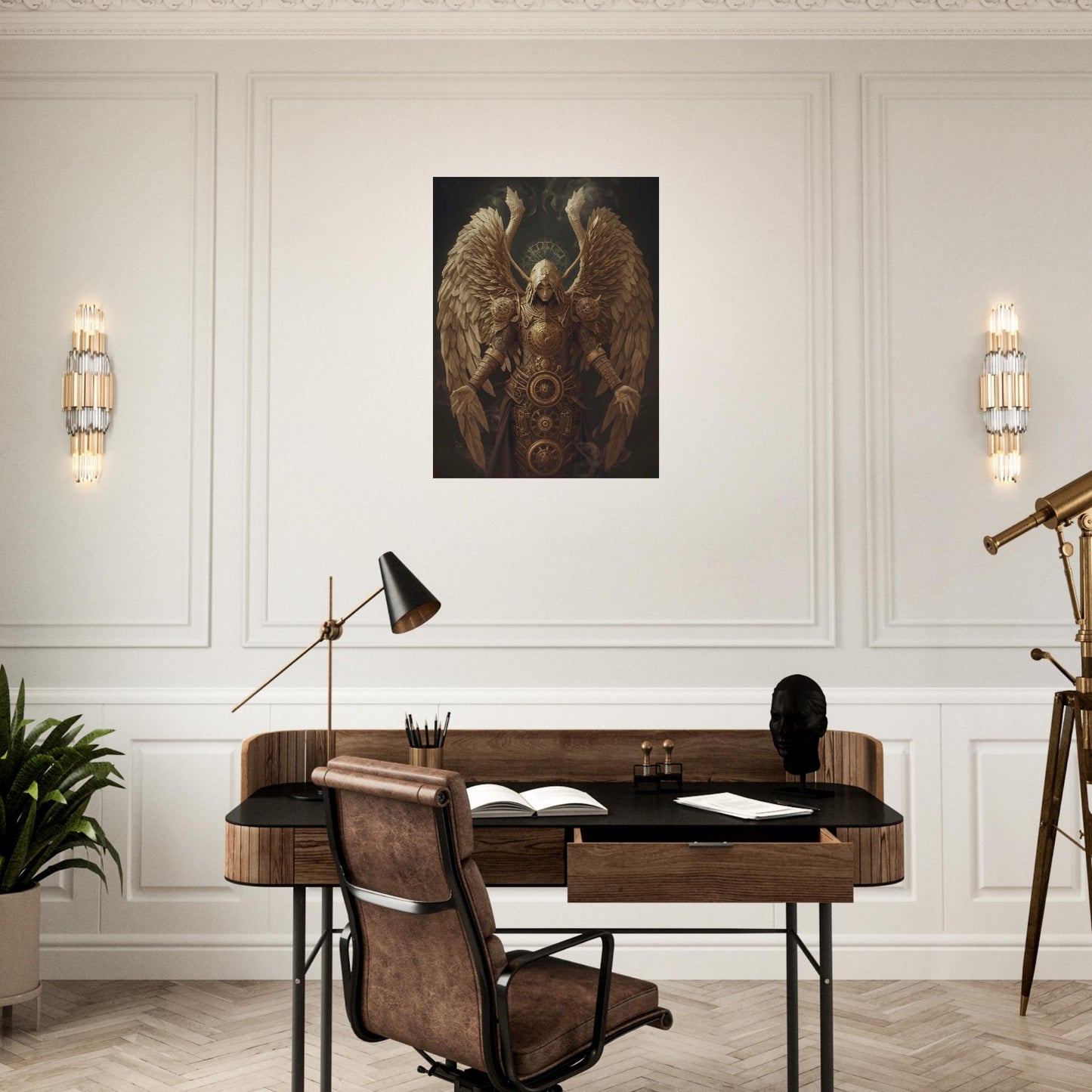 Modern office setup with a desk, chair, and wall art in a stylish room.