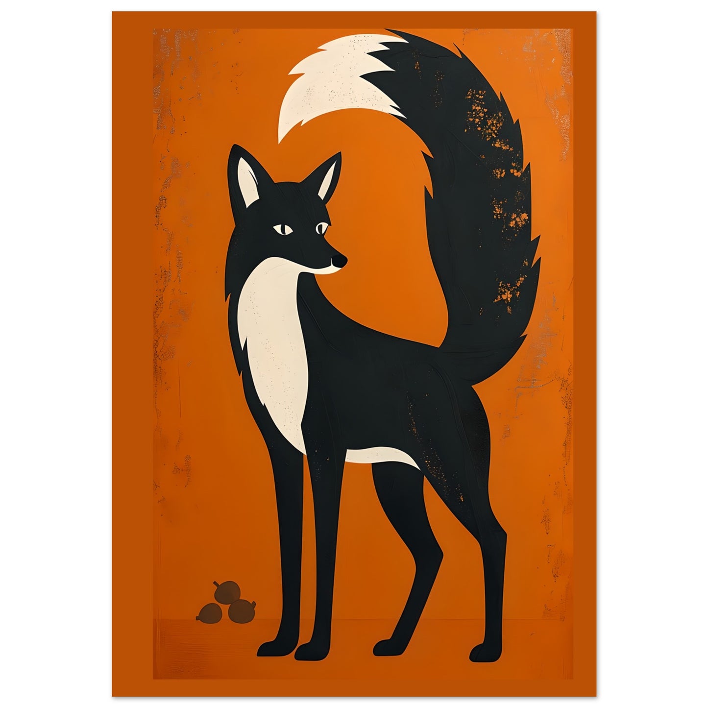Illustration of a black and white fox on an orange background